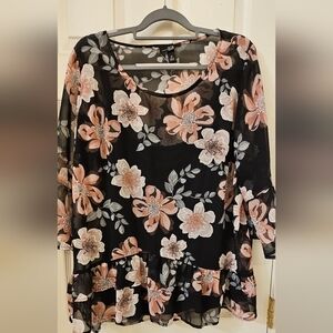 AGB Sheer Floral Black and Pink Women's Top 1X